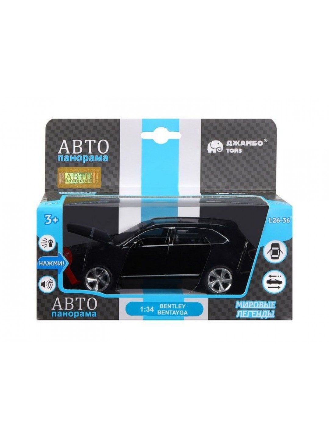 Машина "АВТОПАНОРАМА" Bentley Bentayga, черный, 1/34, свет, звук, инерция, в/к 17,5*13,5*9 см