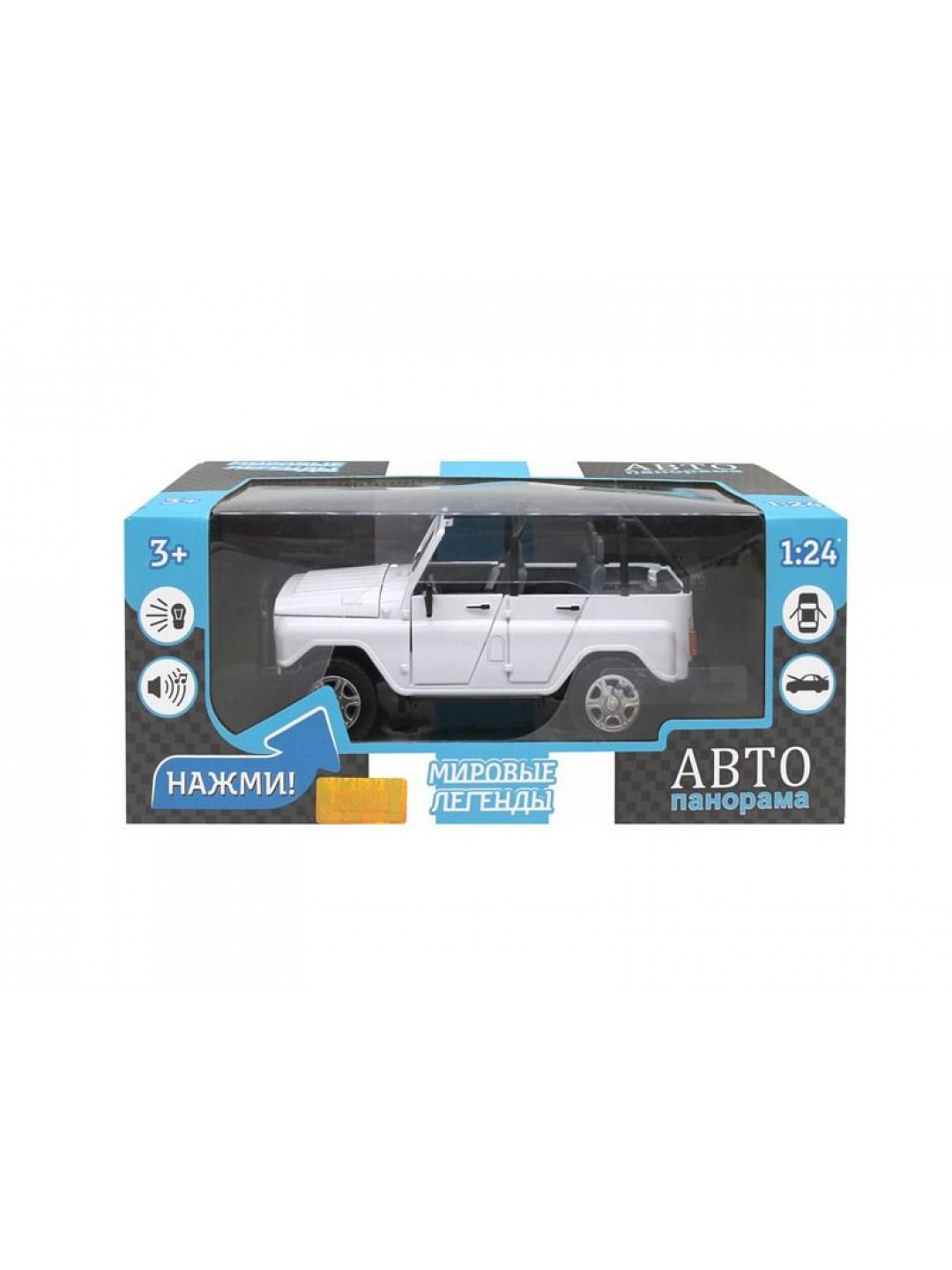 Машина "АВТОПАНОРАМА" УАЗ-469, 1/24, белый, свет, звук, инерция, в/к 22*12*11 см