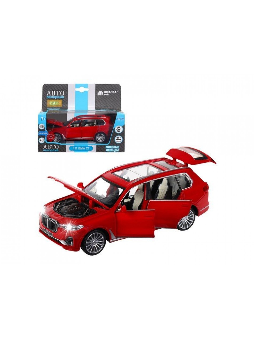 Машина "АВТОПАНОРАМА" BMW X7, красный, 1/32, свет, звук, инерция, в/к 17,5*13,5*9 см