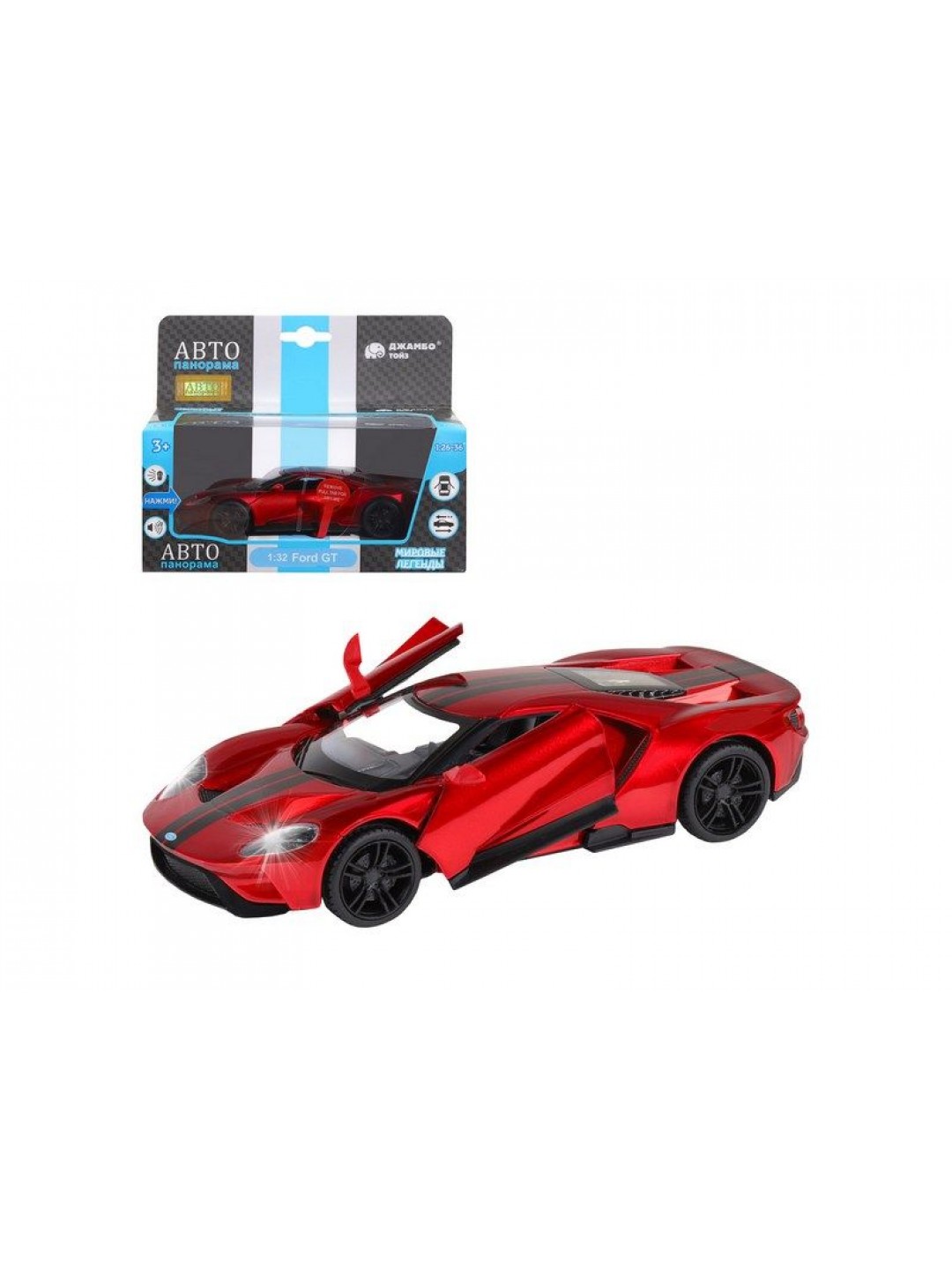 Машина "АВТОПАНОРАМА" Ford GT, красный, 1/32, свет, звук, инерция, в/к 17,5*12,5*6,5 см