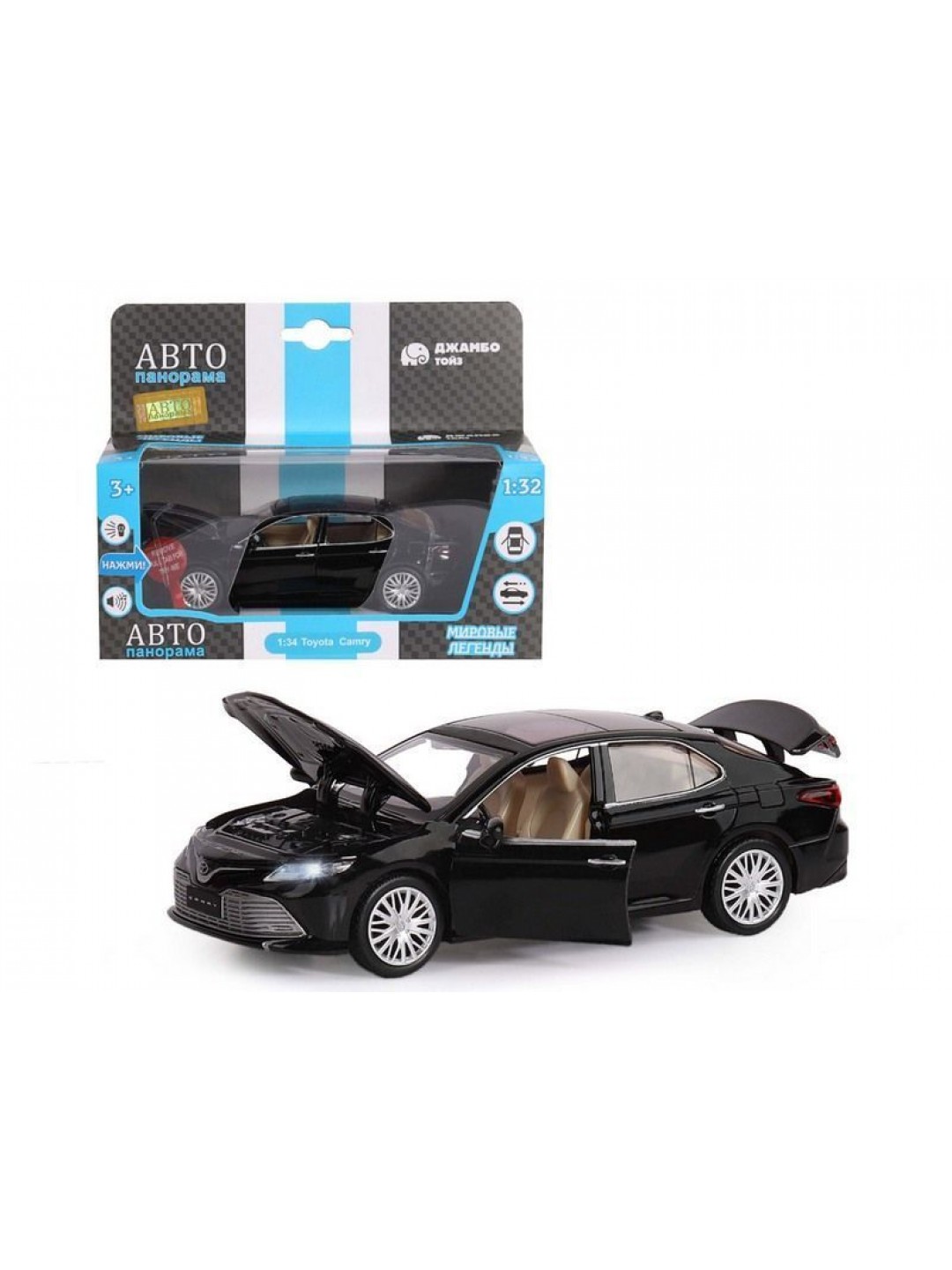 Машина "АВТОПАНОРАМА" Toyota Camry, черный, 1/32, свет, звук, инерция, в/к 17,5*13,5*9 см