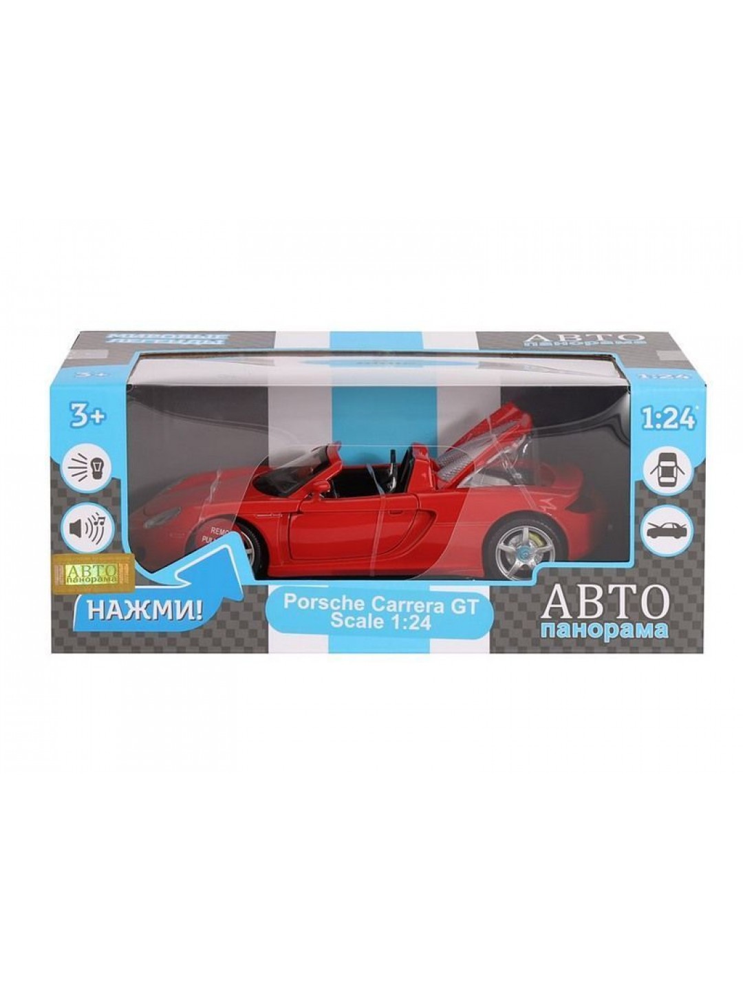 Машина "АВТОПАНОРАМА" Porsche Carrera GT, красный, 1/24, свет, звук, в/к 24,5*12,5*10,5 см