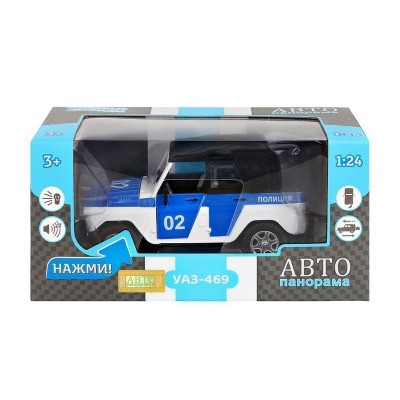 Машина "АВТОПАНОРАМА" УАЗ-469 "Полиция", белый, 1/24, свет, звук, инерция, тент, в/к 22*12*11 см