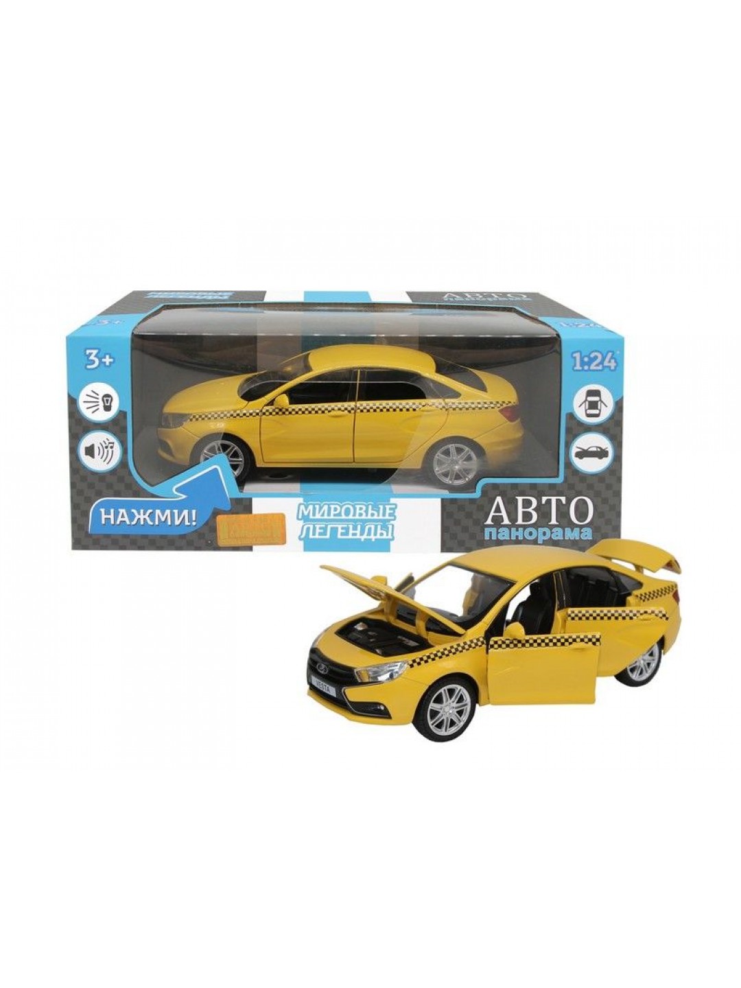 Машина "АВТОПАНОРАМА" LADA VESTA "ТАКСИ" желтый, 1/24, свет, звук, инерция, в/к 24,5*12,5*10,5 см