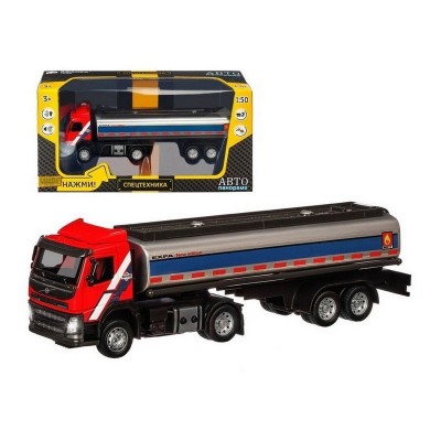 Машина "АВТОПАНОРАМА" Volvo бензовоз, красный, 1/50, свет, звук, в/к 28*14*10 см