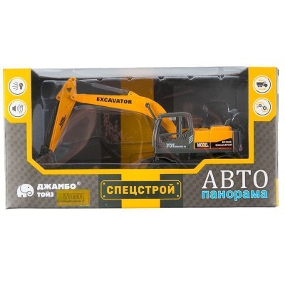 Машина "АВТОПАНОРАМА" ЭКСКАВАТОР НА КОЛЕСАХ, 1/50, оранжевый, свет, звук, в/к 25*10*13 см