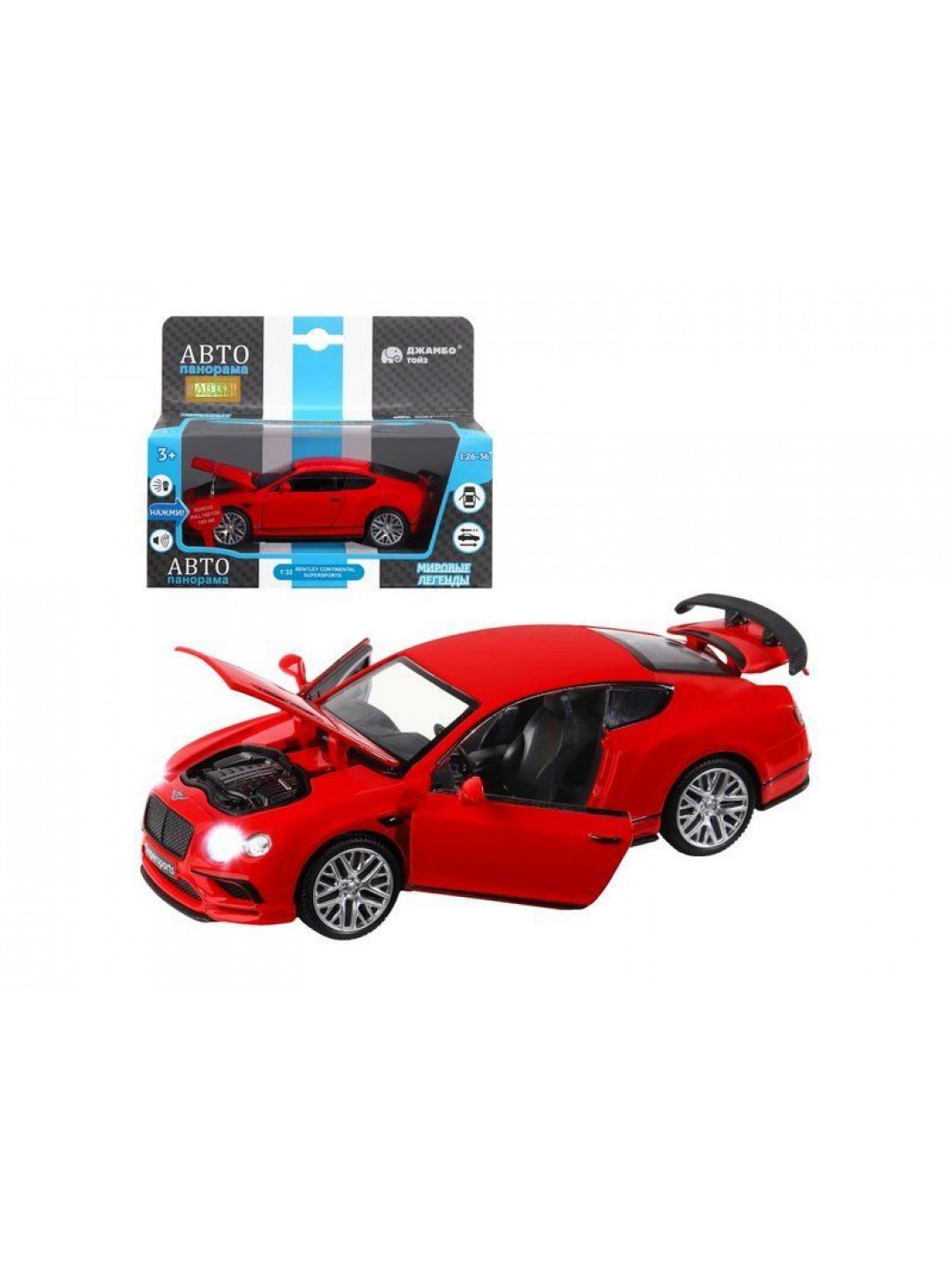 Машина "АВТОПАНОРАМА" Bentley Continental GT Supersports, красный, 1/32, в/к 17,5*12,5*6,5 см