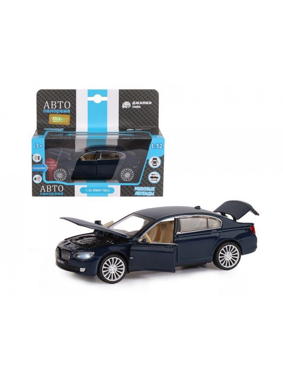 Машина "АВТОПАНОРАМА" BMW 760LI, синий, 1/34, свет, звук, инерция, в/к 17,5*13,5*9 см