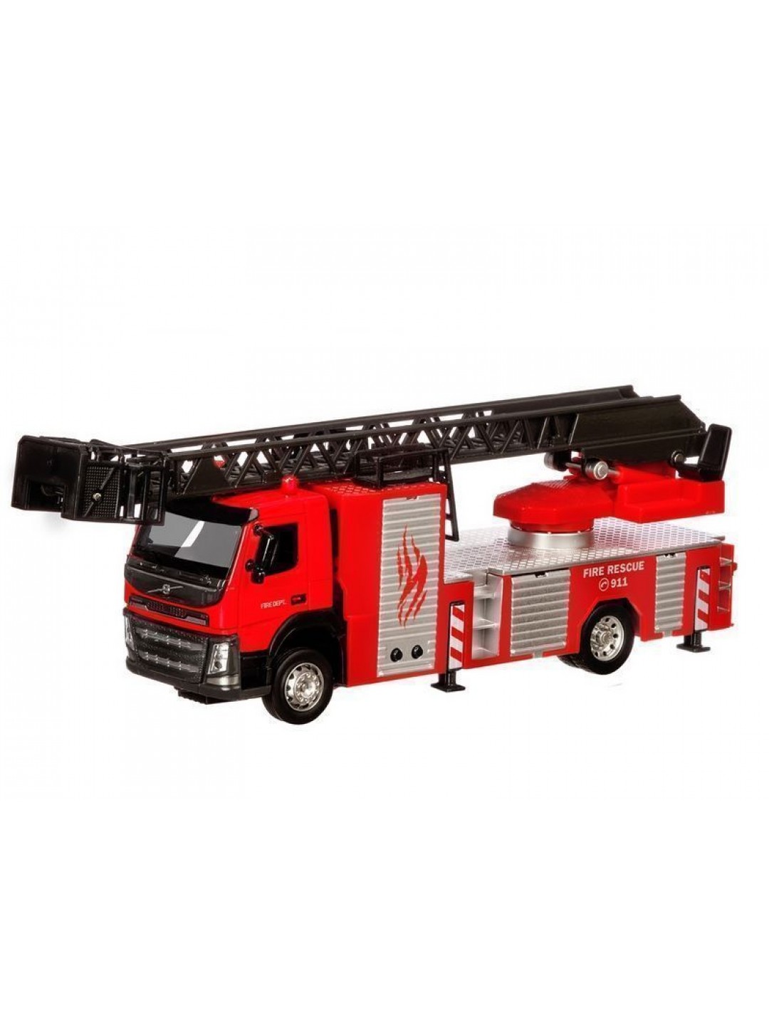 Машина "АВТОПАНОРАМА" Volvo пожарная машина-лестница, красный, 1/50, свет, звук, в/к 28*14*10 см