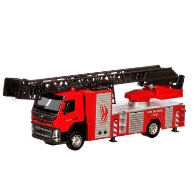 Машина "АВТОПАНОРАМА" Volvo пожарная машина-лестница, красный, 1/50, свет, звук, в/к 28*14*10 см