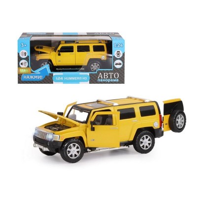 Машина "АВТОПАНОРАМА" Hummer H3, желтый, 1/24, свет, звук, в/к 24,5*12,5*10,5 см