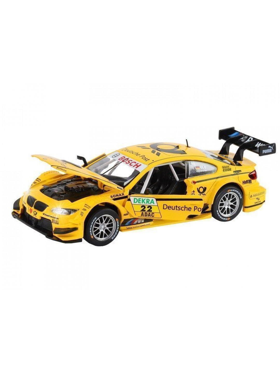 Машина "АВТОПАНОРАМА" BMW M3 DTM, желтый, 1/32, свет, звук, инерция, в/к 17,5*13,5*9 см