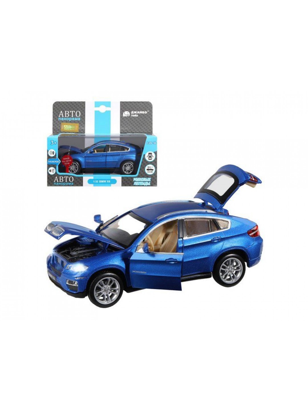 Машина "АВТОПАНОРАМА" BMW X6, синий, 1/32, свет, звук, инерция, в/к 17,5*13,5*9 см