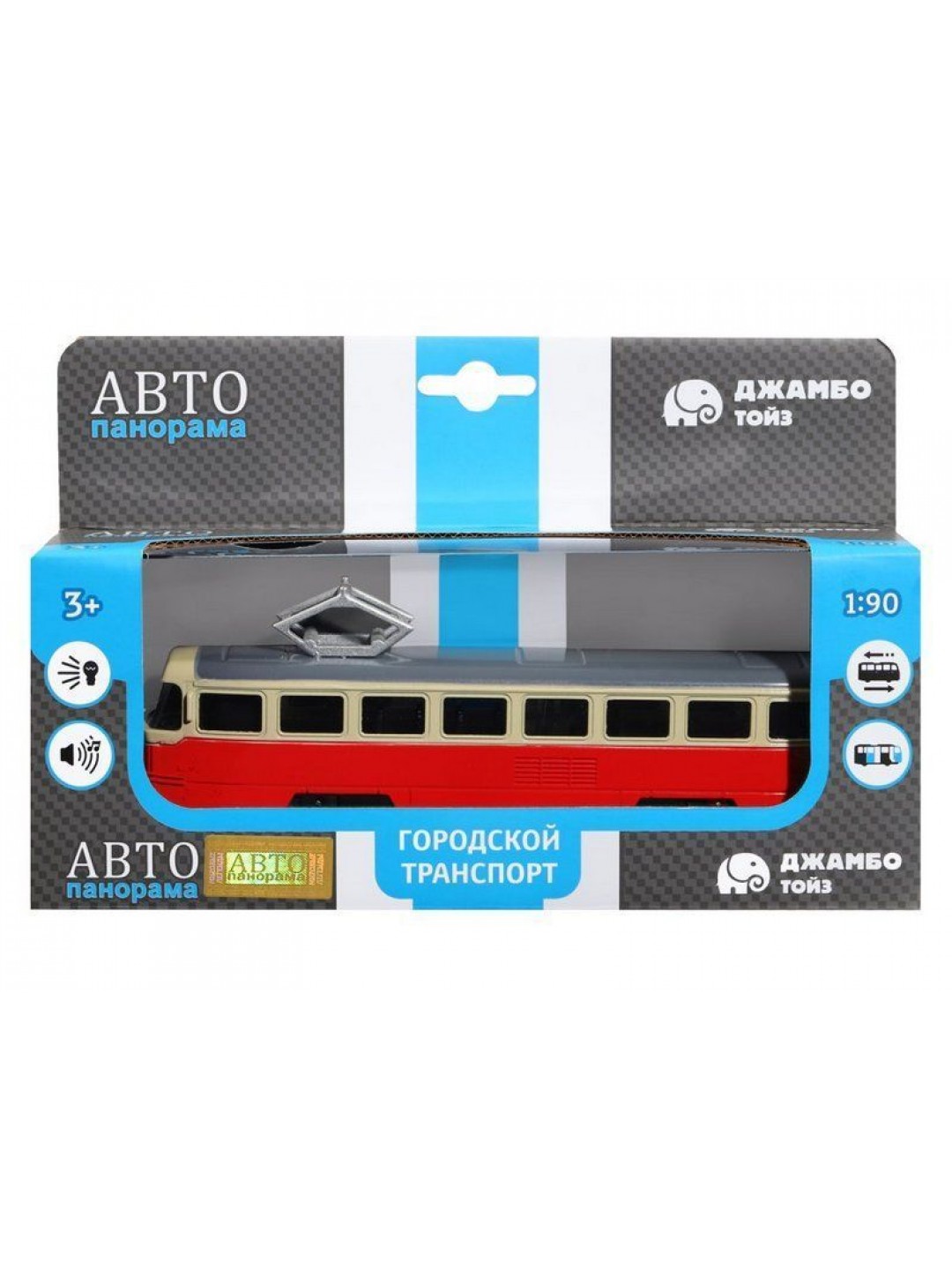 Трамвай "Автопанорама", красный, 1/90, свет, звук, инерция, в/к 22*13,5*5,8 см