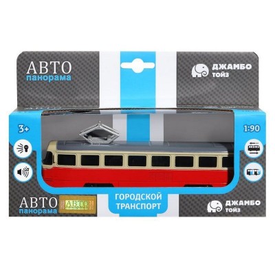 Трамвай "Автопанорама", красный, 1/90, свет, звук, инерция, в/к 22*13,5*5,8 см