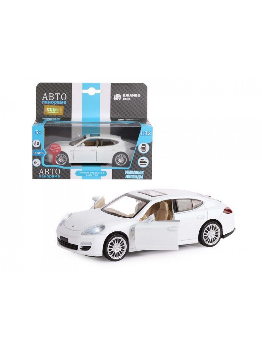 Машина "АВТОПАНОРАМА" Porsche Panamera S, белый, 1/32, свет, звук, инерция, в/к 17,5*13,5*9 см
