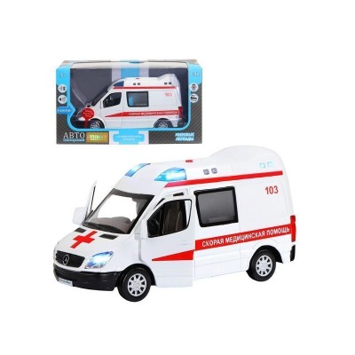 Машина "АВТОПАНОРАМА" Mercedes Sprinter "Скорая помощь", белый, 1/32, в/к 18*9*13,5 см