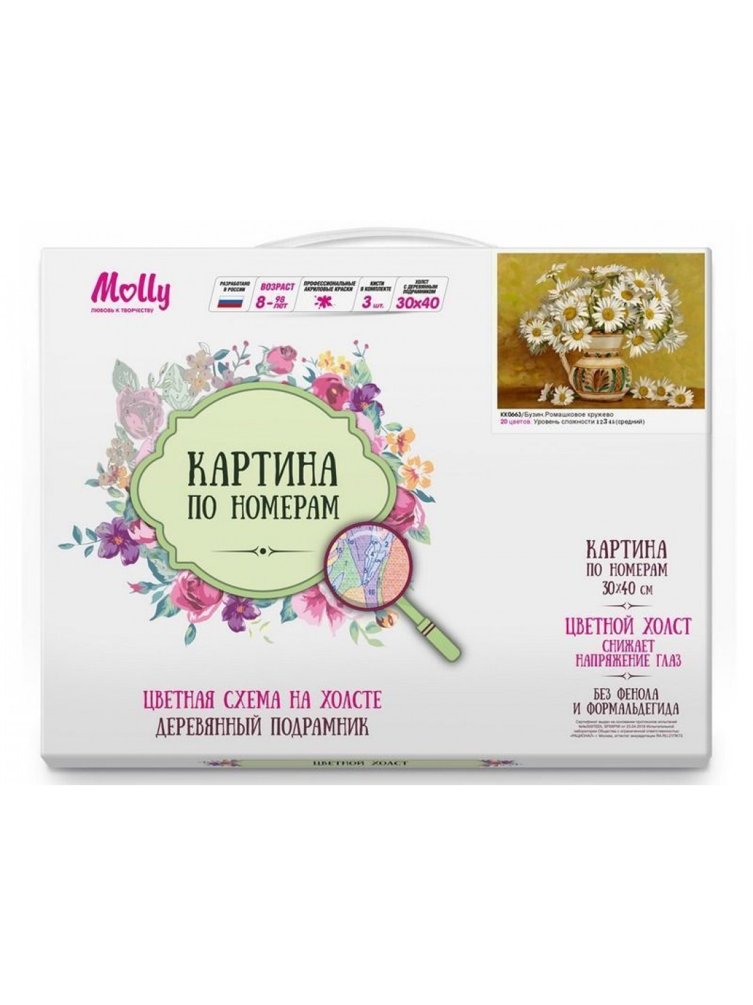 Картина по номерам с цветной схемой на холсте 30х40 Бузин. Ромашковое кружево (20 цветов)