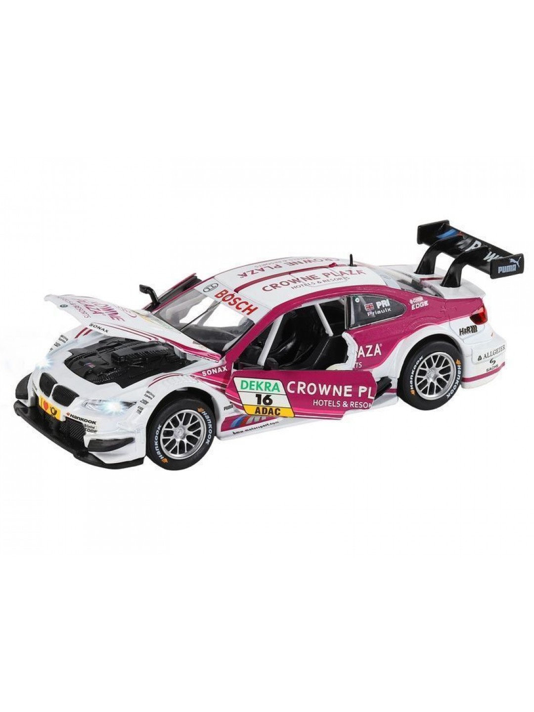 Машина "АВТОПАНОРАМА" BMW M3 DTM, белый-розовый, 1/32, свет, звук, инерция, в/к 17,5*13,5*9 см