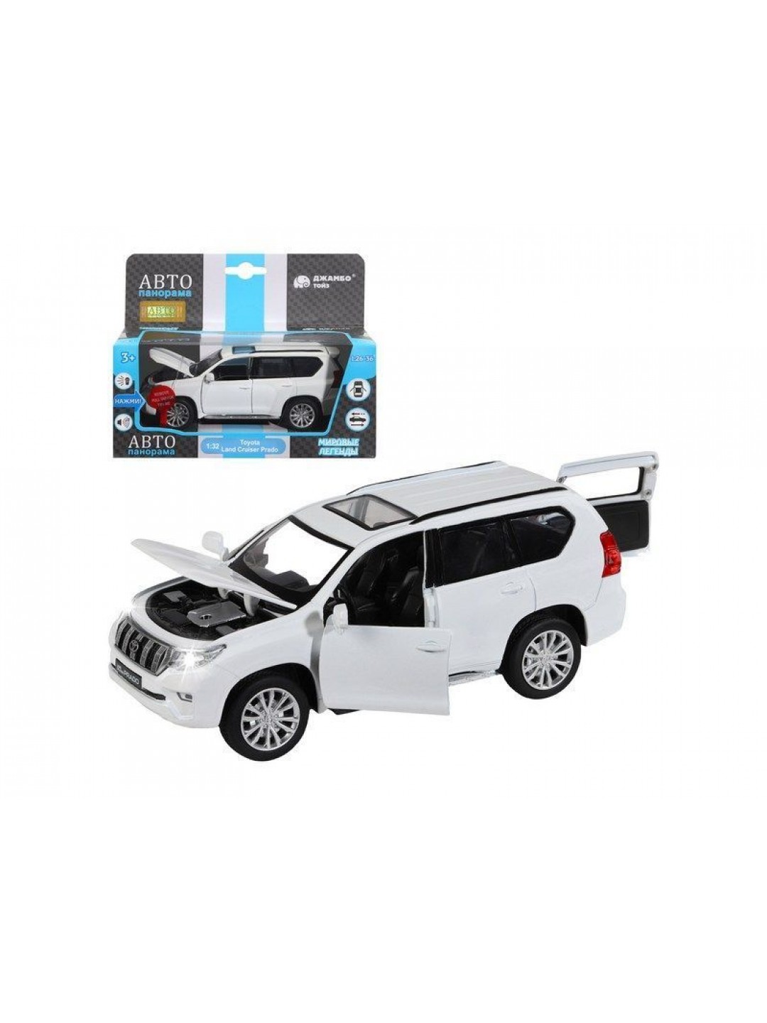 Машина "АВТОПАНОРАМА" Land Cruiser Prado, белый, 1/32, свет, звук, инерция, в/к 17,5*13,5*9 см