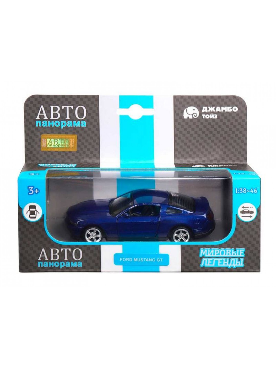 Машина "АВТОПАНОРАМА" Ford Mustang GT, синий, 1/43, инерция, откр. двери, в/к 17,5*12,5*6,5 см