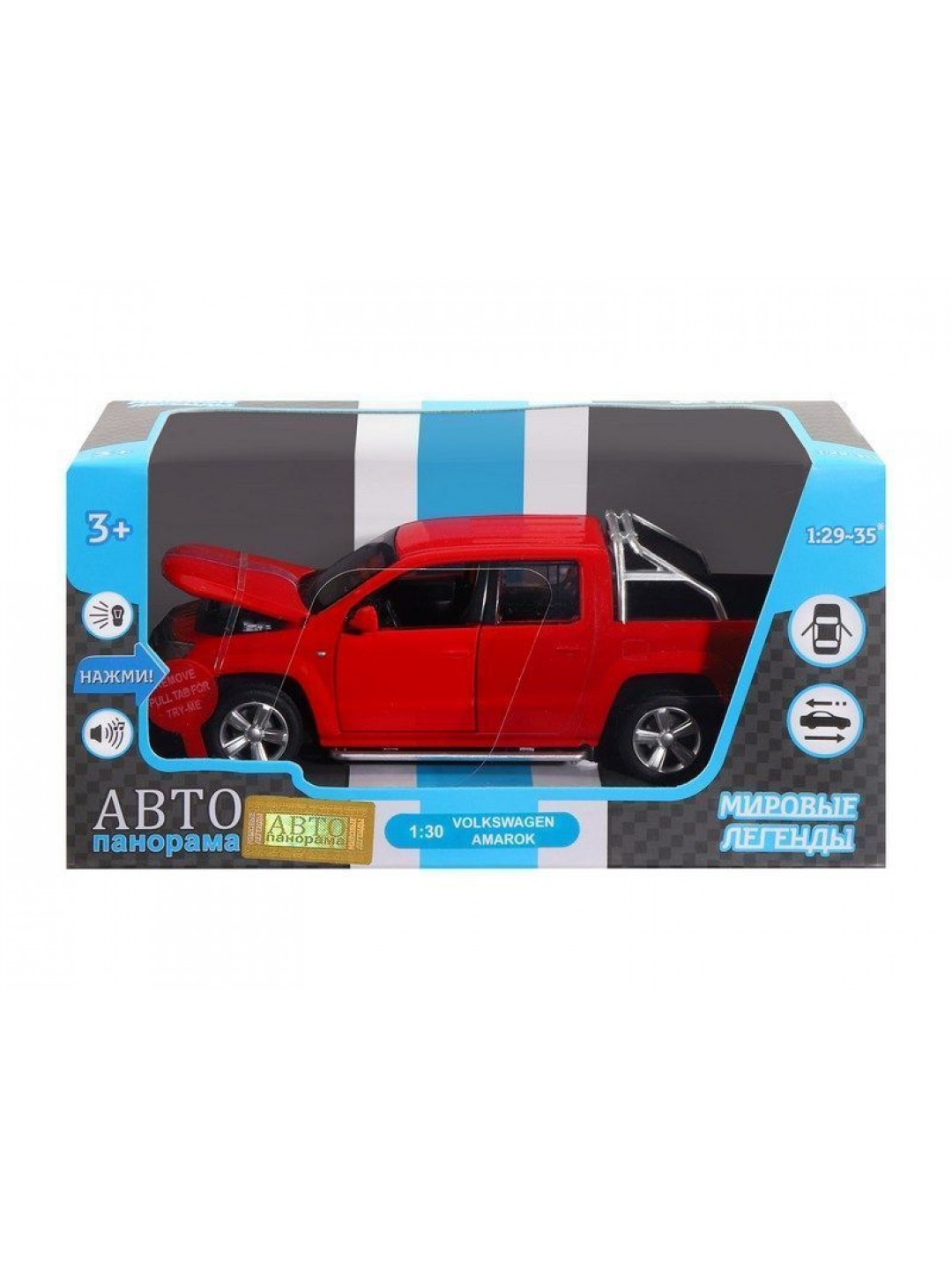 Машина "АВТОПАНОРАМА" Volkswagen Amarok, красный, 1/30, свет, звук, инерция, в/к 20*10*11 см