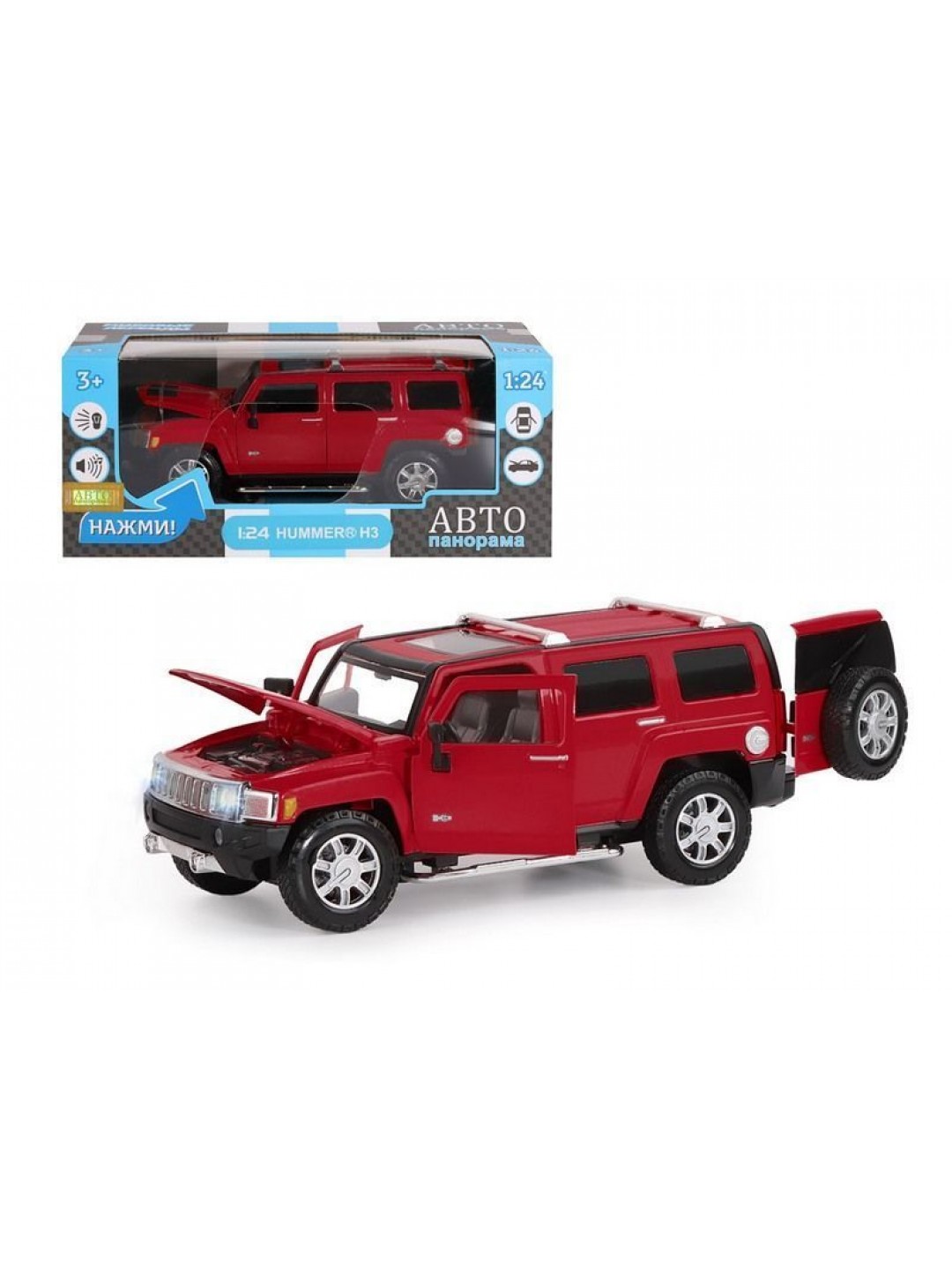 Машина "АВТОПАНОРАМА" Hummer H3, красный, 1/24, свет, звук, в/к 24,5*12,5*10,5 см