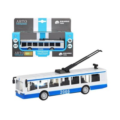 Троллейбус "Автопанорама", синий, 1/90, свет, звук, инерция, в/к 22*13,5*5,8 см