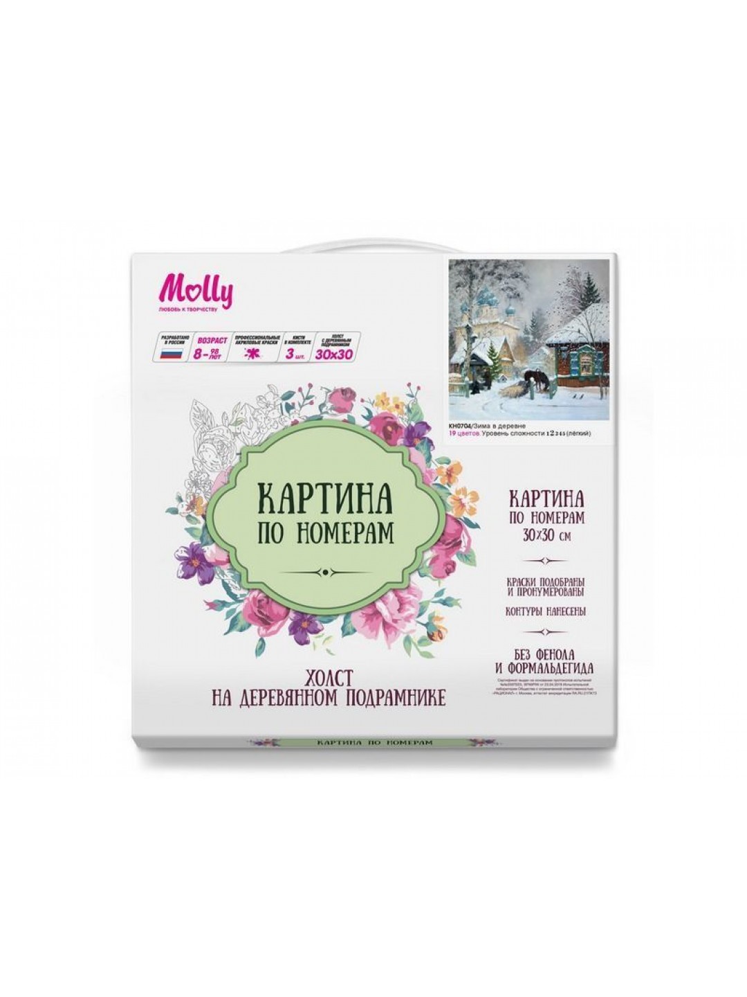 Картина по номерам 30х30 Зима в деревне (19 цветов)
