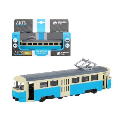 Трамвай "Автопанорама", синий, 1/90, свет, звук, инерция, в/к 22*13,5*5,8 см