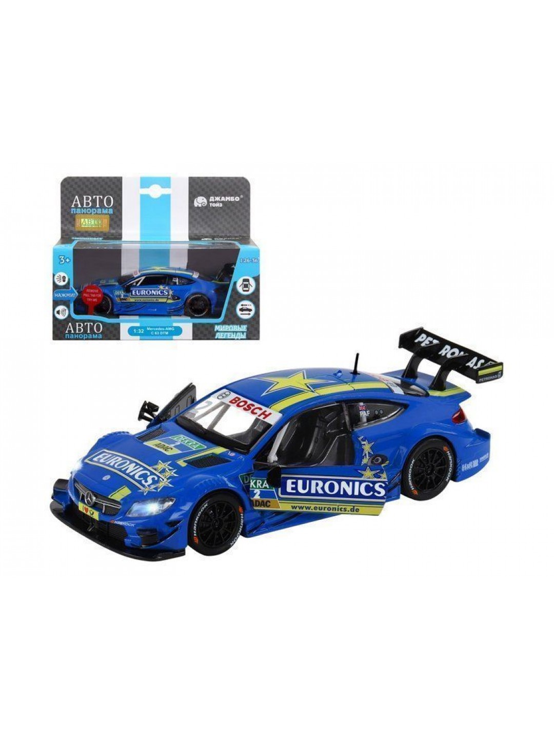 Машина "АВТОПАНОРАМА" Mercedes-AMG C 63 DTM, синий, 1/32, свет, звук, инерция, в/к 17,5*12,5*6,5 см