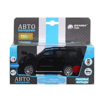 Машина "АВТОПАНОРАМА" Mitsubishi Pajero 4WD Tubro, черный, 1/33, свет, звук, в/к 17,5*13,5*9 см