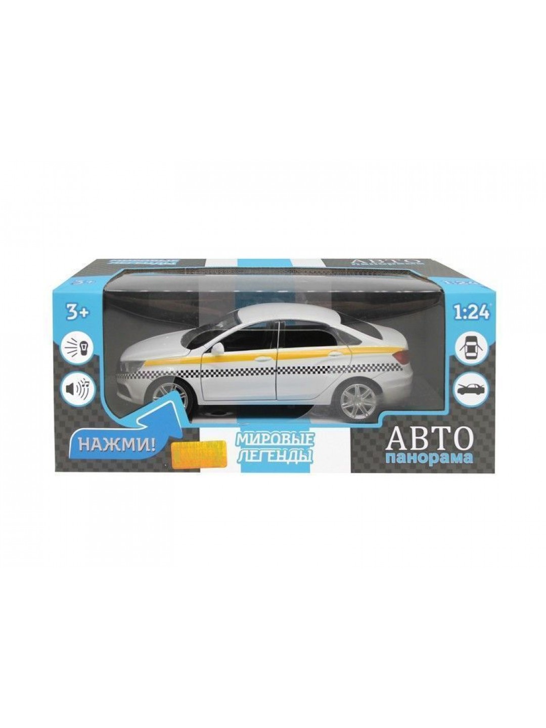 Машина "АВТОПАНОРАМА" LADA VESTA "ТАКСИ" белый, 1/24, свет, звук, инерция, в/к 24,5*12,5*10,5 см