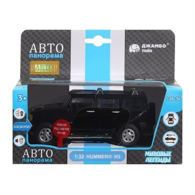 Машина "АВТОПАНОРАМА" Hummer H3, черный, 1/32, свет, звук, инерция, в/к 17,5*13,5*9 см