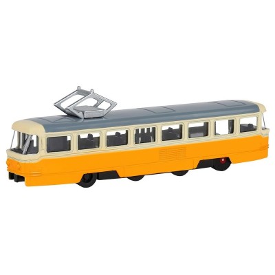 Трамвай "Автопанорама", желтый, 1/90, свет, звук, инерция, в/к 22*13,5*5,8 см