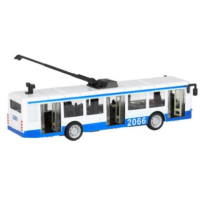 Троллейбус "Автопанорама", синий, 1/90, свет, звук, инерция, в/к 22*13,5*5,8 см