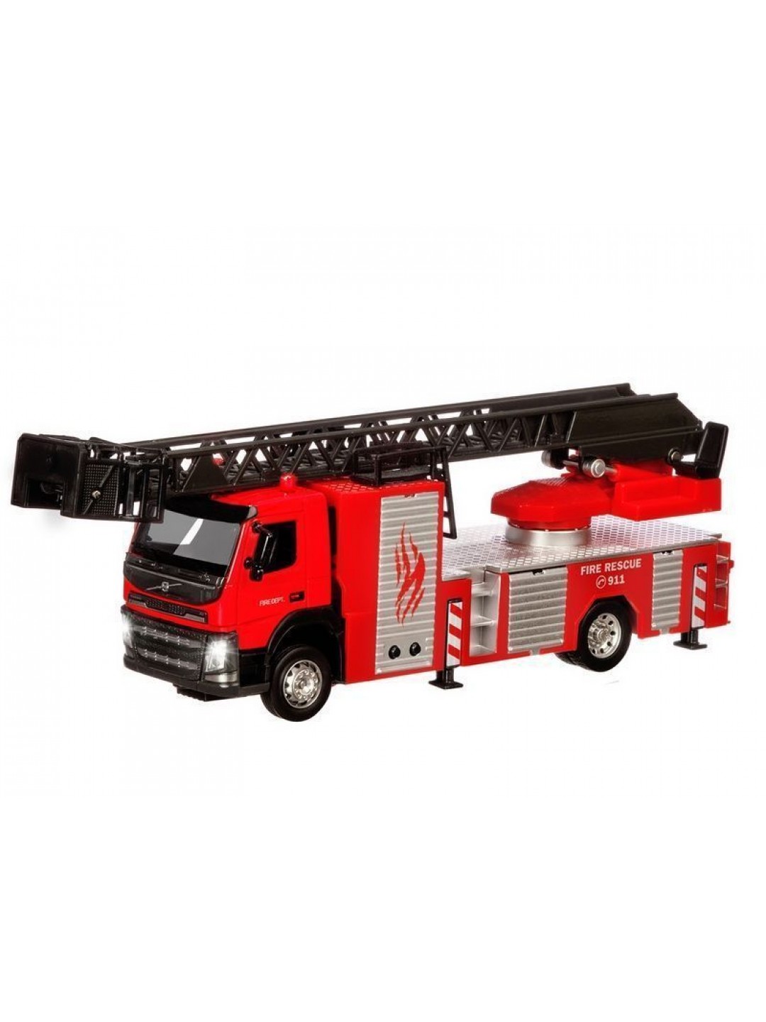 Машина "АВТОПАНОРАМА" Volvo пожарная машина-лестница, красный, 1/50, свет, звук, в/к 28*14*10 см