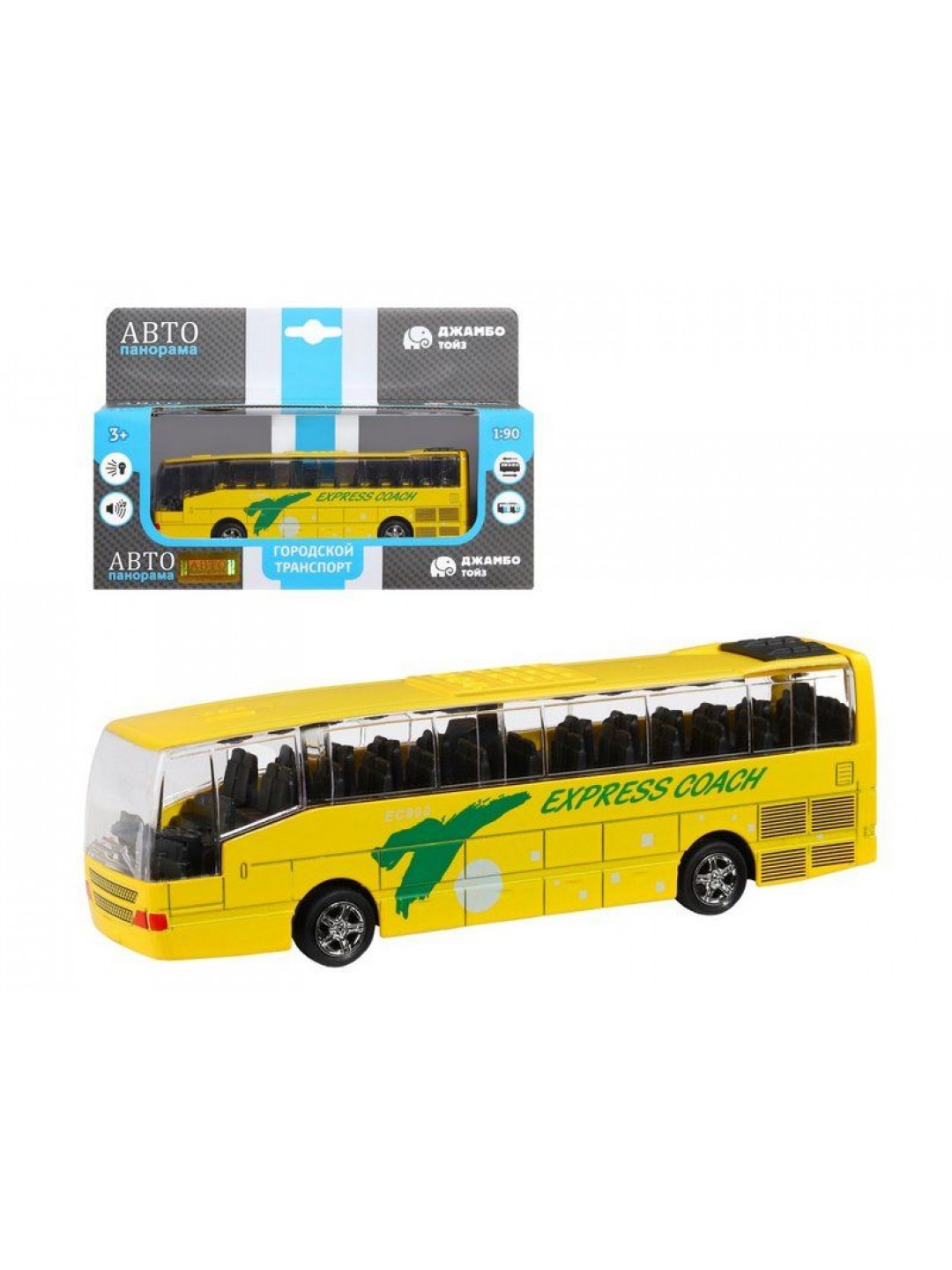 Автобус "Автопанорама", желтый, 1/90, свет, звук, инерция, в/к 22*13,5*5,8 см