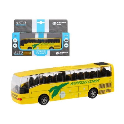 Автобус "Автопанорама", желтый, 1/90, свет, звук, инерция, в/к 22*13,5*5,8 см