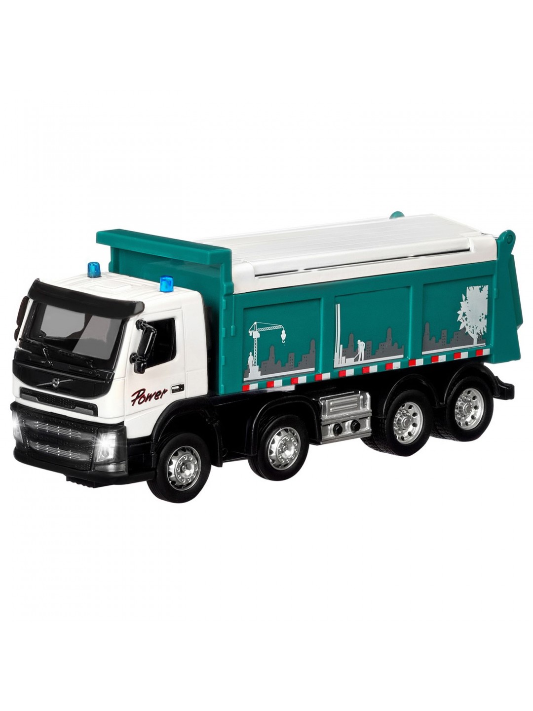 Машина "АВТОПАНОРАМА" Volvo самосвал, зеленый, 1/50, свет, звук, в/к 28*14*10 см