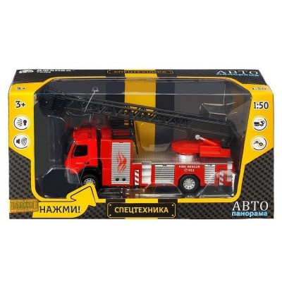 Машина "АВТОПАНОРАМА" Volvo пожарная машина-лестница, красный, 1/50, свет, звук, в/к 28*14*10 см
