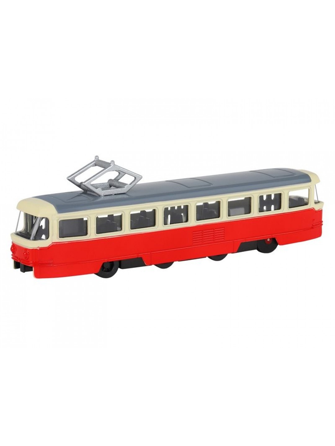 Трамвай "Автопанорама", красный, 1/90, свет, звук, инерция, в/к 22*13,5*5,8 см