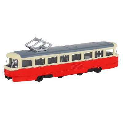 Трамвай "Автопанорама", красный, 1/90, свет, звук, инерция, в/к 22*13,5*5,8 см