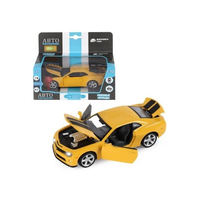 Машина "АВТОПАНОРАМА" Chevrolet Camaro SS, желтый, 1/32, свет, звук, инерция, в/к 17,5*13,5*9 см