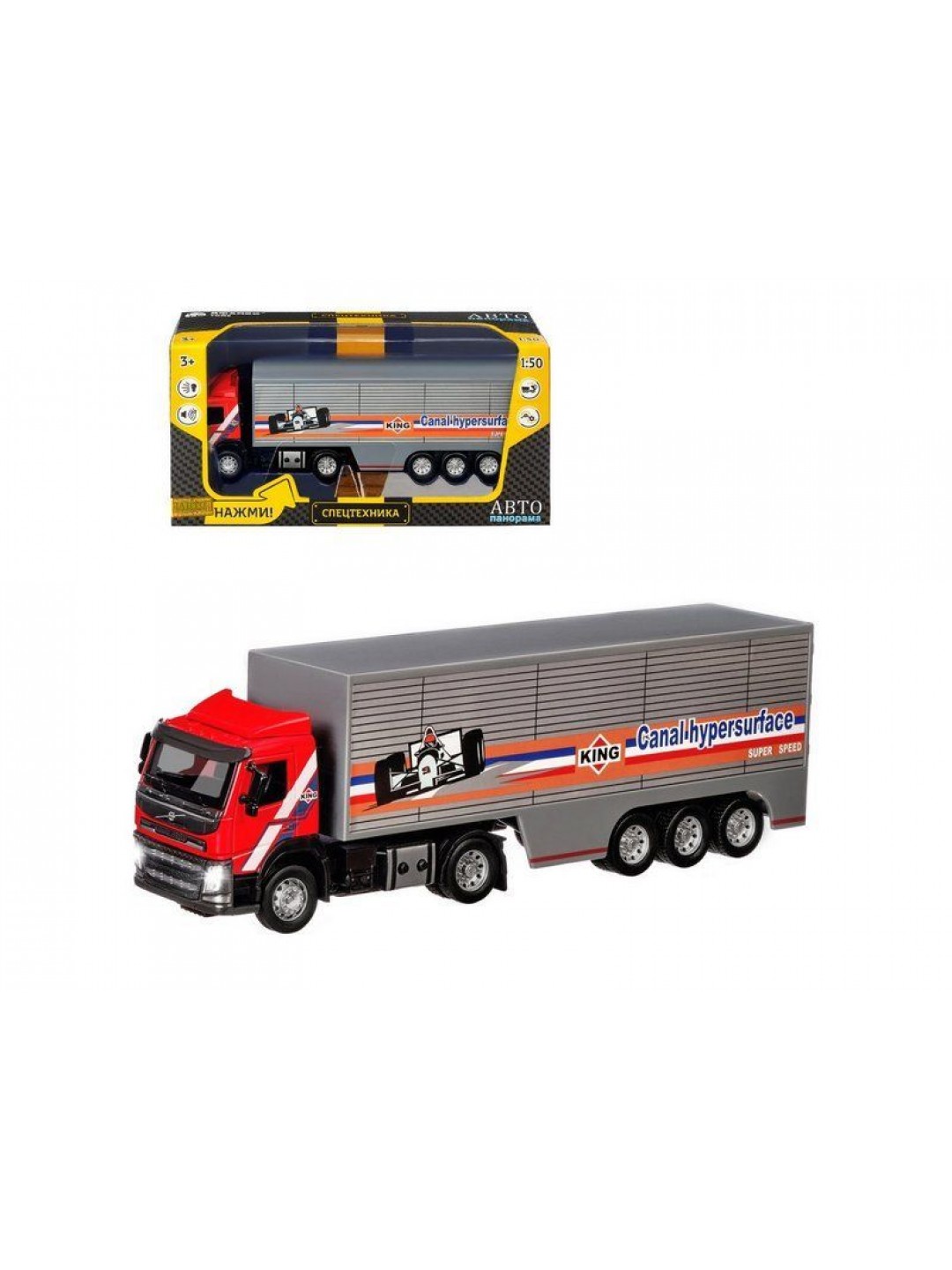 Машина "АВТОПАНОРАМА" Volvo, красный, 1/50, свет, звук, в/к 28*14*10 см