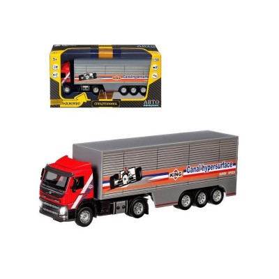 Машина "АВТОПАНОРАМА" Volvo, красный, 1/50, свет, звук, в/к 28*14*10 см