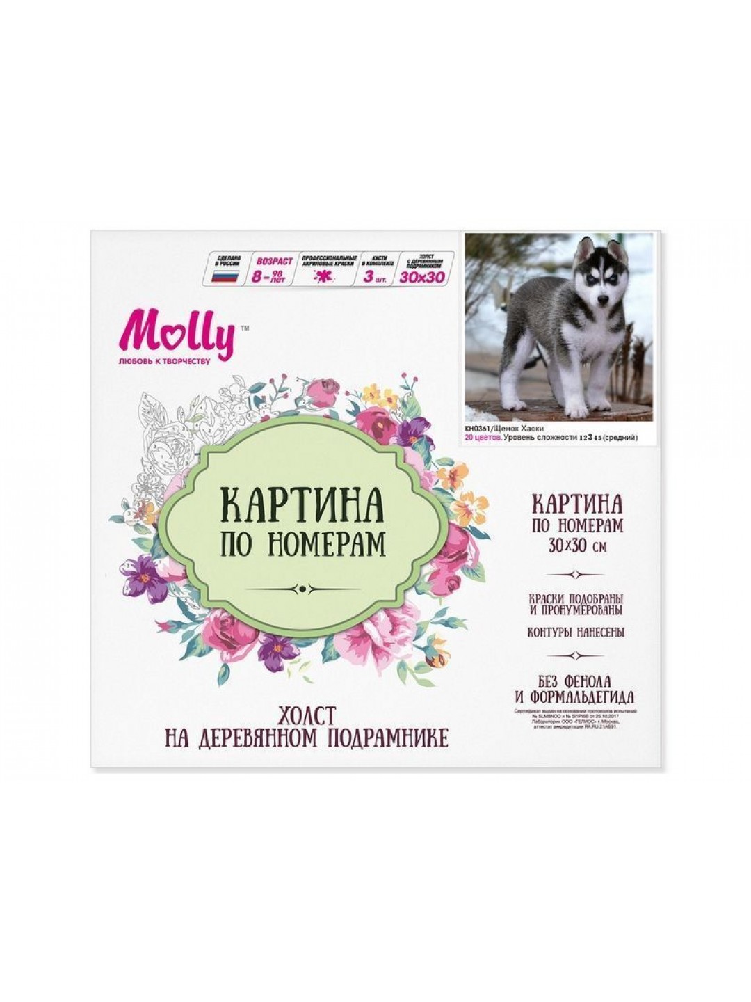 Картина по номерам 30х30 Щенок хаски (20 цветов)