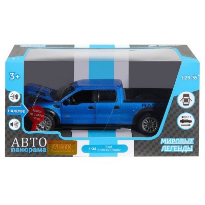 Машина "АВТОПАНОРАМА" Ford F-150 SVT Raptor, синий, 1/34, свет, звук, инерция, в/к 20*10*11 см
