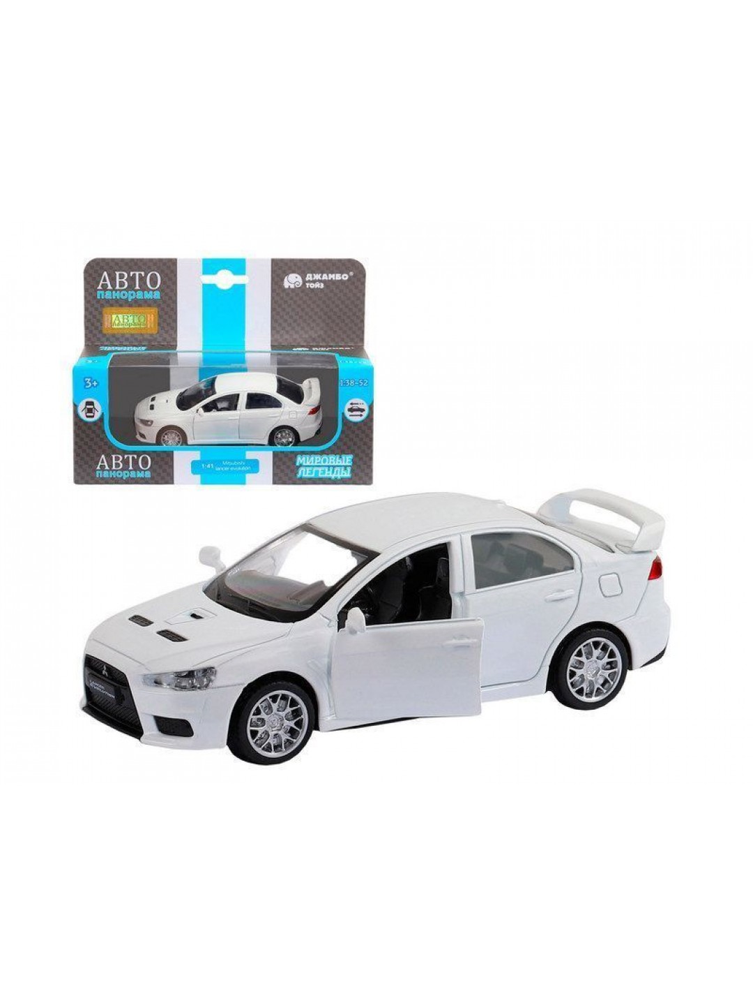 Машина "АВТОПАНОРАМА" Mitsubishi Lancer Evolution, белый, 1/41, откр. двери, в/к 17,5*12,5*6,5 см