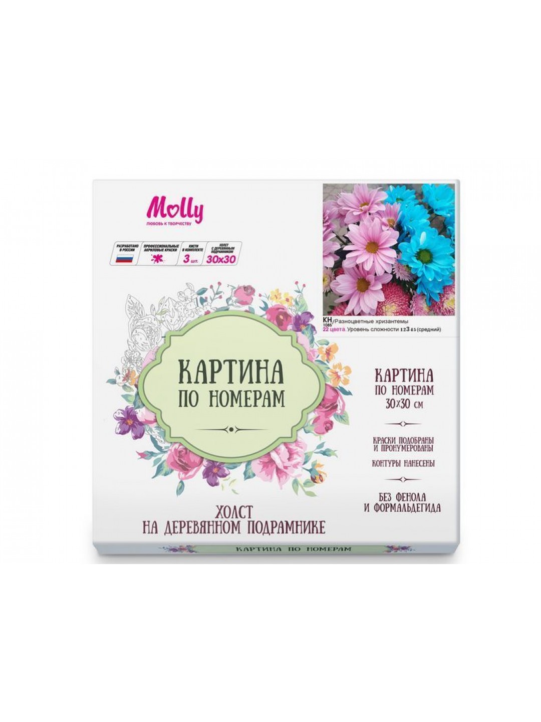 Картина по номерам 30х30 РАЗНОЦВЕТНЫЕ ХРИЗАНТЕМЫ (22 цвета)